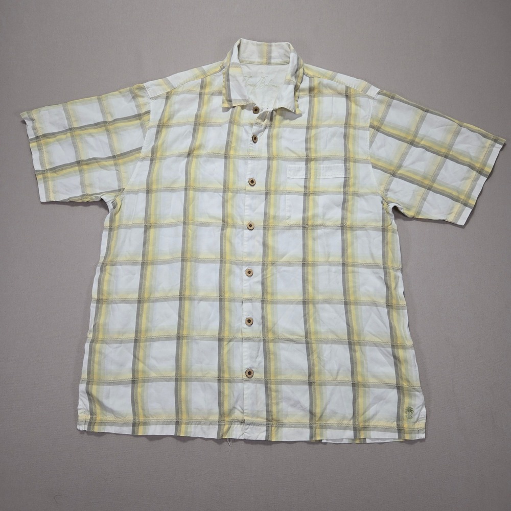 Tommy Bahama 100% Tencel Plaid Shirt Button Down Short Sleeve Casual Mens Large‎